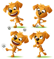 Stel een gele grappige hond in die voetbal speelt