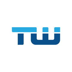 Initial letter TW, straight linked line bold logo, simple flat blue colors