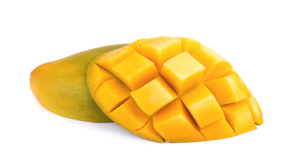 Mango fruit, cubes and mango slices, isolated on a white background