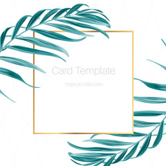 Fototapeta na wymiar Exotic tropical forest jungle green palm tree leaves branch. Rectangular square golden border frame. Fern greenery. Simple clean card template with text placeholder. White background. Vector design.