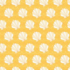 Yellow shell in wave background. A playful, modern, and flexible pattern for brand who has cute and fun style. Repeated pattern. Happy, bright, and magical mood.
