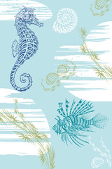 illustration of seahorse, lionfish,  coral, springs and seashell.