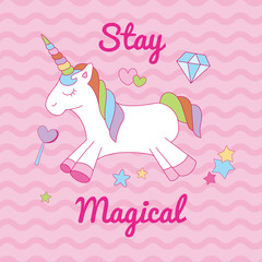 Stay magical print unicorn poster. A playful, modern, and flexible print for brand who has cute and fun style. Happy, bright, and magical mood.