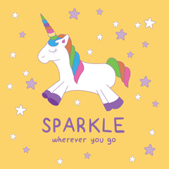 Sparkle wherever you go unicorn poster. A playful, modern, and flexible print for brand who has cute and fun style. Happy, bright, and magical mood.