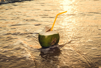 Coconut on the beach, in the waves. Sunset.