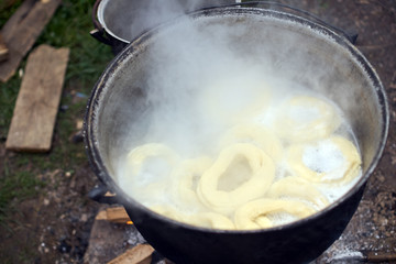 Boiling bagels in a cast iron pot