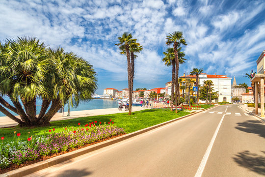 Street near the harbor in the city of Porec town on Adriatic sea in Croatia, Europe.