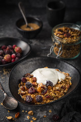 homemade granola (hazelnuts, raisin, dried cranberry, pumpkin, sesame and sunflower seeds) with yogurt in black bowl