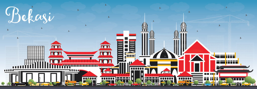 Bekasi Indonesia City Skyline with Color Buildings and Blue Sky.