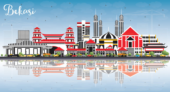 Bekasi Indonesia City Skyline with Color Buildings, Blue Sky and Reflections.