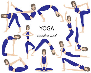 Vector set of 13 yoga poses. The girl practicing yoga.