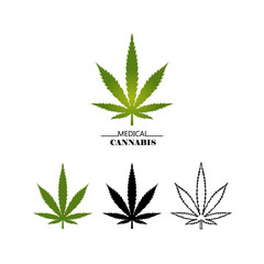 Set different logo marijuana leaves isolated on white background. Medical cannabis green, black and thin line leaf - vector flat illustration
