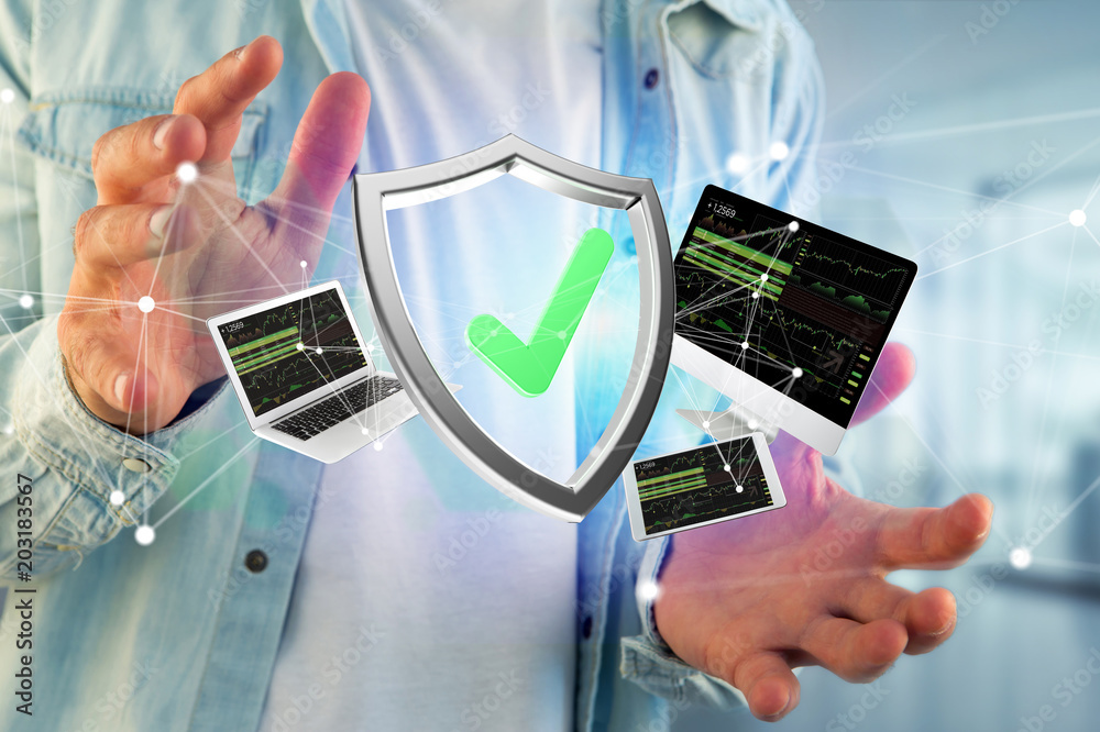 Poster shield symbol surrounded by devices and network displayed on a futuristic interface