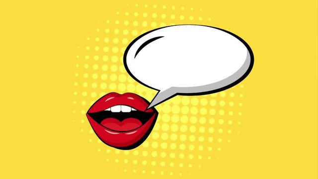 pop art woman mouth lips speech bubble yellow background