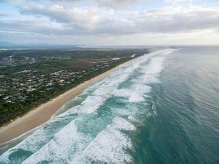 Suffolk Park beach ocean coastline - aerial view. Byron Bay, New South Wales, Australia