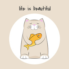 Sticker Cute and fat cat standing holding a fish.