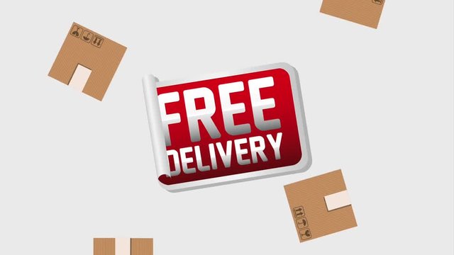 free delivery sticker and falling cardboard boxes animation