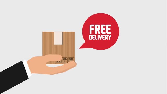 hand holding cardboard box free delivery in bubble text animation