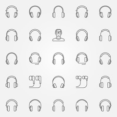 Headphones icons set. Vector earphones outline symbols