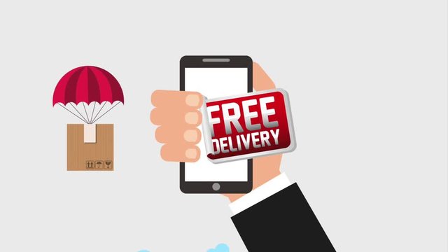 smartphone in hand free delivery app parachute with boxes animation