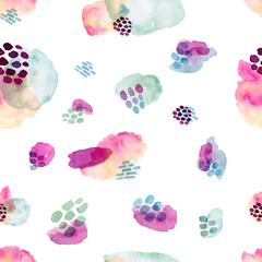 Watercolor seamless pattern, dot memphis fashion style, bright design repeating background. Hand painted modern brush shapes.
