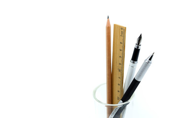 Assortment of supplies, crayons, pens, notebook,Back to school, business office education concept.