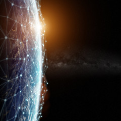 Connections system and datas exchanges on planet Earth 3D rendering