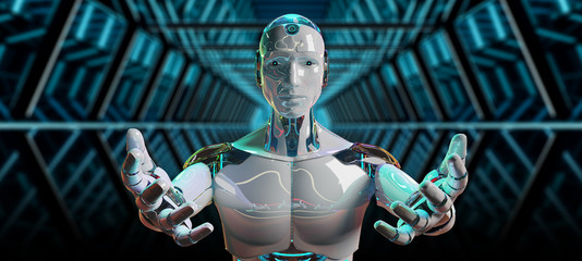 White male cyborg opening his two hands 3D rendering