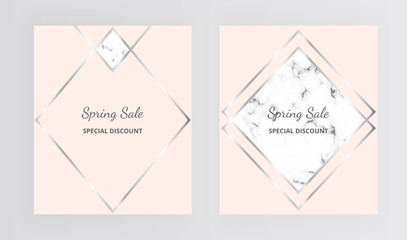 Modern minimalist geometric designs. Marble texture with silver triangles, lines background. Trendy template for banner, brochure, card, flyer, invitation, party, wedding, placard, magazine, website