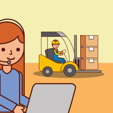 logistic woman operator and worker in forklift cargo packages vector illustration