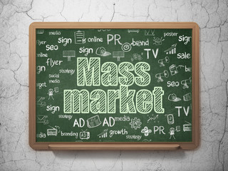 Advertising concept: Chalk Green text Mass Market on School board background with  Hand Drawn Marketing Icons, 3D Rendering