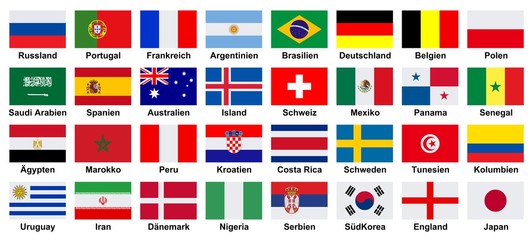 Fu&szlig;ball. 2018. Flaggen der teilnehmenden Mannschaften