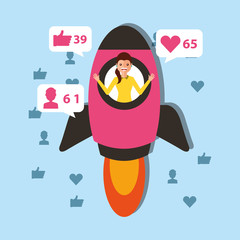 young woman in rocket launch start viral content vector illustration