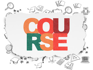 Studying concept: Painted multicolor text Course on Torn Paper background with  Hand Drawn Education Icons