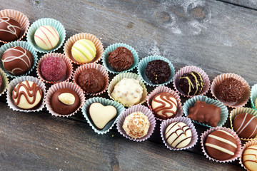 a lot of variety chocolate pralines, belgian confectionery gourmet chocolate.