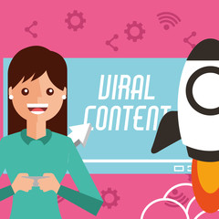 woman holds smartphone video viral content on screen start vector illustration