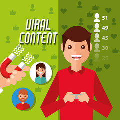 man holds mobile viral content with magnet attracts followers vector illustration
