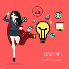 Superhero business woman cartoon for start up concept.