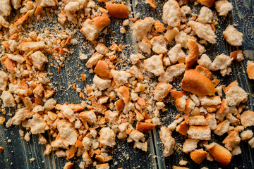 Crumbs on a wooden table