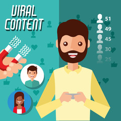 man holds mobile viral content with magnet attracts followers vector illustration