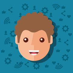 man face character with social media networks icons background vector illustration