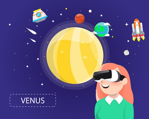 Women wearing virtual reality glasses looking venus in universe concept