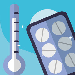 thermometer and pills medical equipment healthy vector illustration
