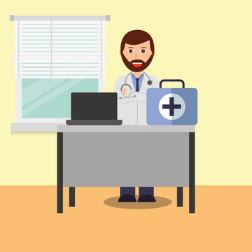 doctor in consulting room computer desk medical suitcase vector illustration