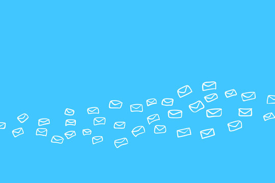 Icons of White Flying Envelopes in hand-drawing style on a blue background. The Concept of Email and Correspondence