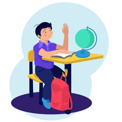 School boy pulls hand. School desk, globe and backpack. Vector illustration. Flat design.