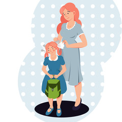 Mother prepare daughter to school. Vector illustration. Flat design.