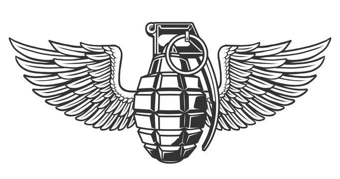 Hand grenade in black white colors with wing