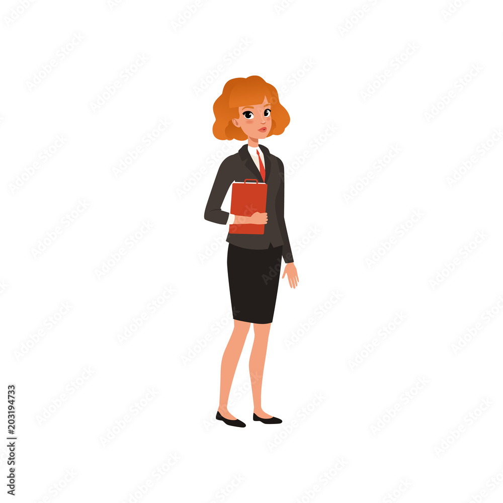 Poster business woman in formal suit with folder in hands. young office worker. flat vector illustration