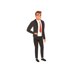 Young businessman in black formal suit. Man with smiling face expression. Flat vector illustration